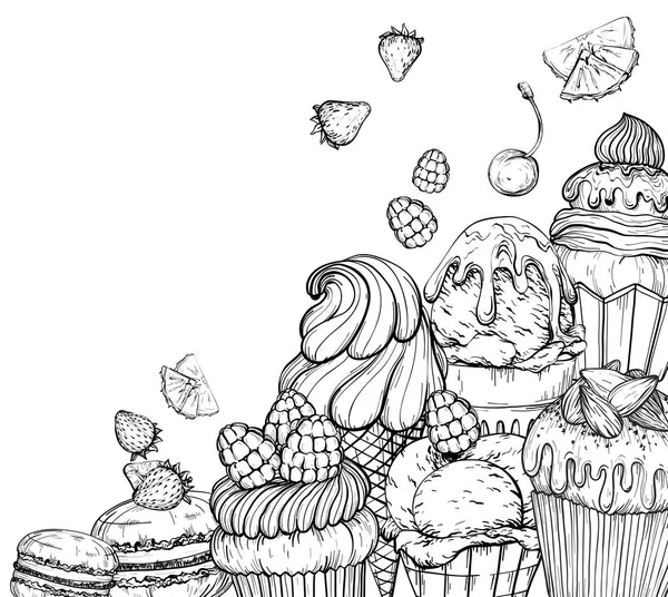 Fondo culinario con cupcakes y helados, blanco y negro — Vector de stock