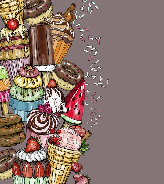 Postre Fondo con cupcakes y helado — Vector de stock