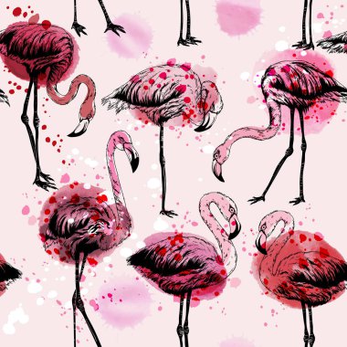 Flamingo kuşları ile Seamless suluboya modeli