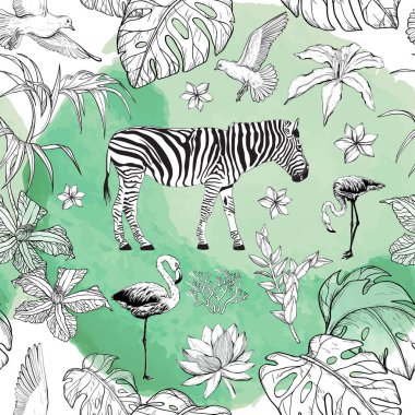 Tropik çiçekler ve flamingo kuşları ile Seamless suluboya modeli