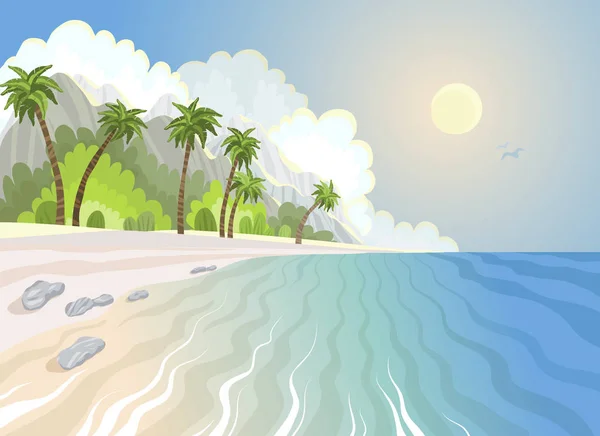 Spiaggia paradisiaca estiva e palme in riva al mare — Vettoriale Stock