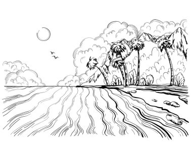 Çizilmiş yaz Cennet plaj ve palmiye ağaçları deniz kıyısı, el