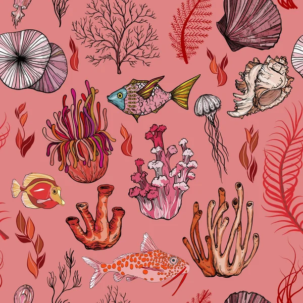 Бесшовный рисунок с морскими ручными кораллами. Силуэты — стоковый вектор