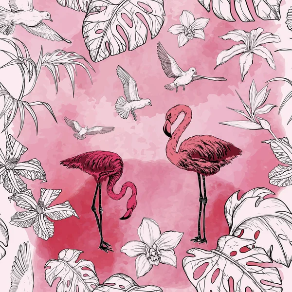 Naadloze aquarel patroon met tropische bloemen en flamingo vogels — Stockvector