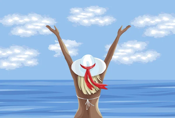 Mulher de maiô desfrutando do verão e olhando para o mar — Vetor de Stock