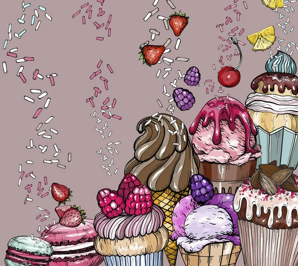 Postre dulce Fondo con cupcakes y helado — Vector de stock