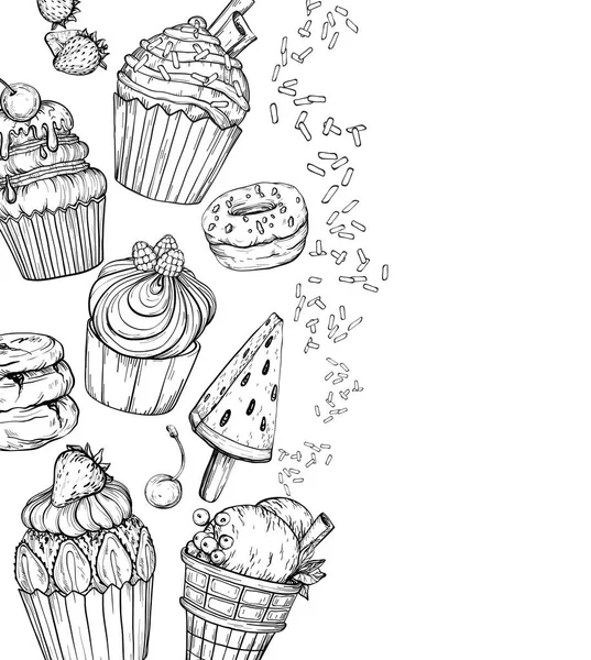 Postre dulce Fondo con cupcakes y helado, blanco y negro — Vector de stock