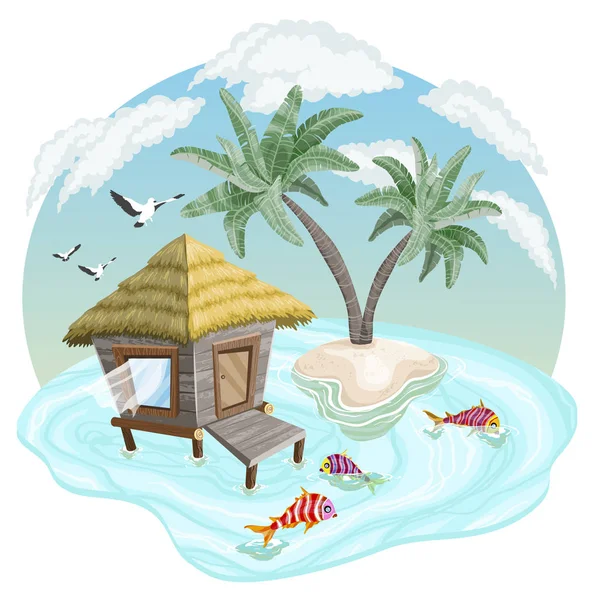 Tropikalna wyspa na Oceanie z palmami i bungalow — Wektor stockowy