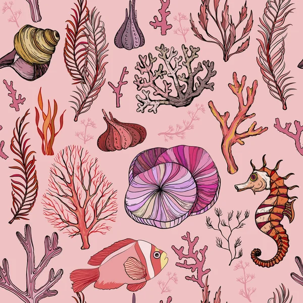 Seamless pattern with marine hand drawn corals. — Stock Vector