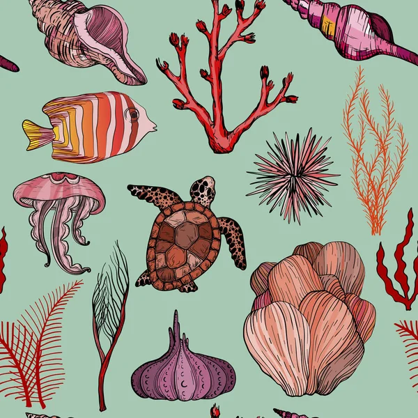 Бесшовный рисунок с морскими ручными кораллами и морской жизнью . — стоковый вектор