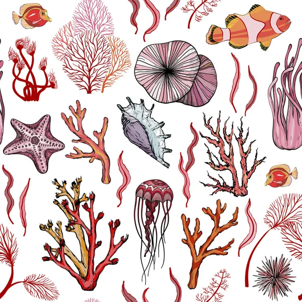 Seamless pattern with marine hand drawn corals and marine life. — Stock Vector