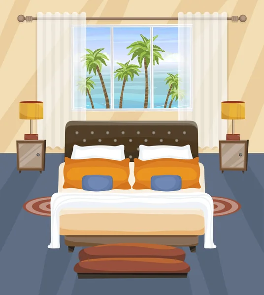 Hotelschlafzimmer flache Inneneinrichtung, tropische Landschaft vor dem Fenster. Zimmer mit Bett. — Stockvektor