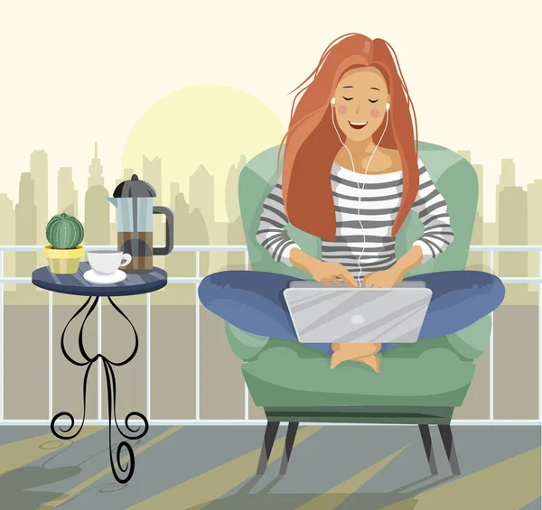 Unga kvinnliga bloggare. Frilansare kvinna som använder bärbar dator sitter på balkongen — Stock vektor