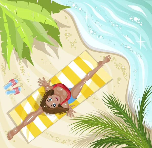 Femme en yoga asana sur la plage. Concept pour les vacances, les vacances et les voyages. Sport d'été. Vue du dessus — Image vectorielle