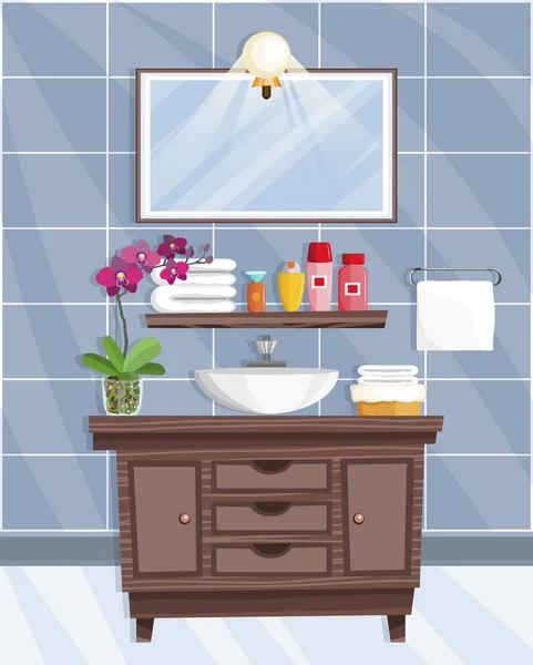 Fürdőszoba belső mosdókagylóval, lapos stílusban. — Stock Vector