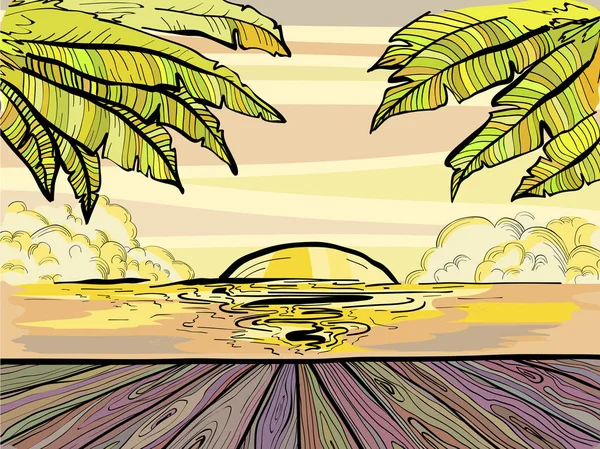 Paradise Beach en palmbomen, zomer Sunset sketch. — Stockvector