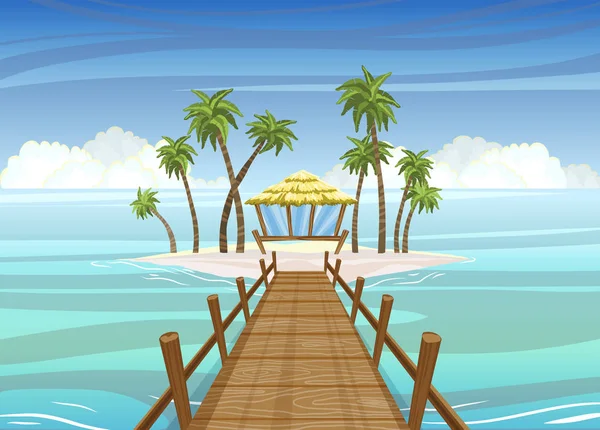 Île tropicale idéaliste, pont en bois vers la maison de plain-pied — Image vectorielle
