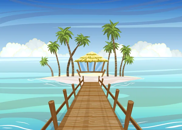 Isla tropical idealista, puente de madera a la casa del bungalow — Vector de stock