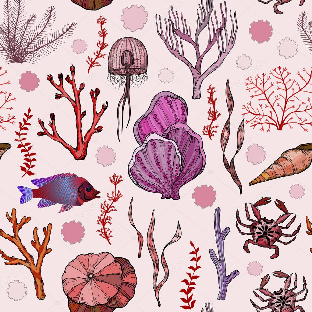 Seamless pattern with marine hand drawn corals and living organisms.