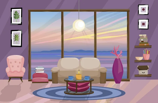 Design de interiores plano, paisagem com belo pôr do sol fora da janela. Projeto da sala de estar — Vetor de Stock
