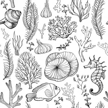 Deniz el çizilmiş mercanlar ile dikişsiz desen. eksikliği ve beyaz.