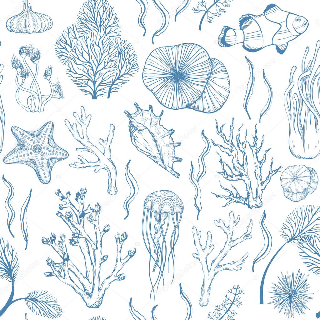 Seamless monochrome blue attern with marine hand drawn corals and marine life.