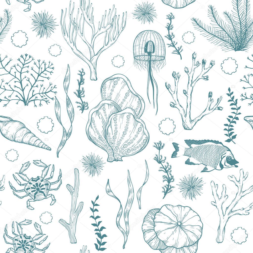 Seamless monochrome attern with marine hand drawn corals and living organisms.