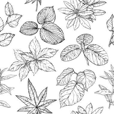 Dalları ve yaprakları ile dikişsiz desen, el çizilmiş tasarım elemanları