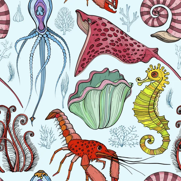 Бесшовный рисунок с нарисованными вручную глубоководными живыми организмами — стоковый вектор