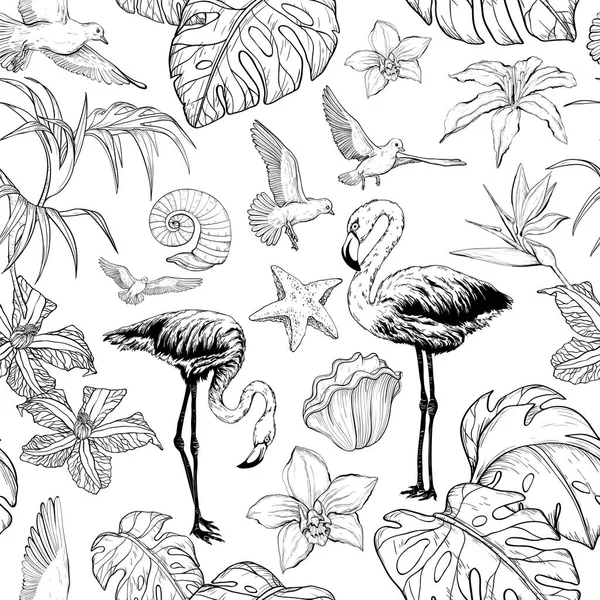 Nahtloses Aquarellmuster mit tropischen Blumen und Flamingo-Vögeln — Stockvektor