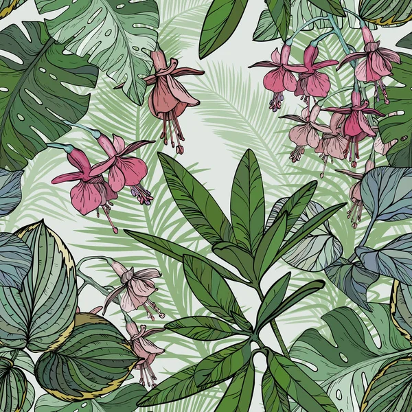 Modèle sans couture avec des fleurs et des feuilles, des plantes dessinées à la main — Image vectorielle