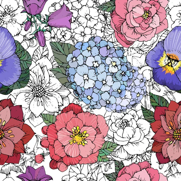 Hermoso patrón floral sin costuras con varias flores. Flores dibujadas a mano vector fondo — Vector de stock