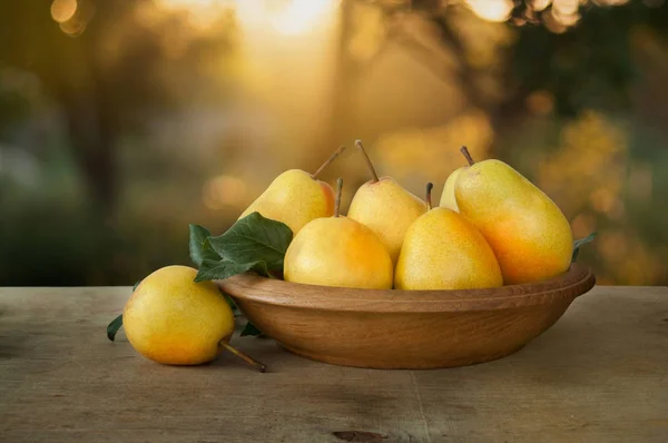 Ripe yellow pears with leaves in a basket on a wooden table. Aut