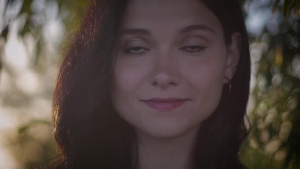 Portret van het gezicht van jonge mooie brunette vrouw op een zonsondergang achtergrond op een meer close-up — Stockvideo