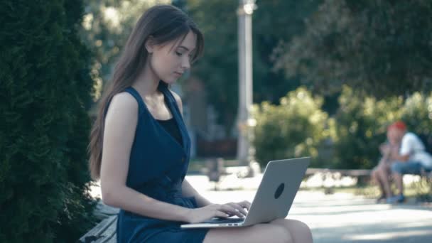 学生女孩工作与笔记本电脑户外在校园里的一个长凳上的城市街道背景 — 图库视频影像