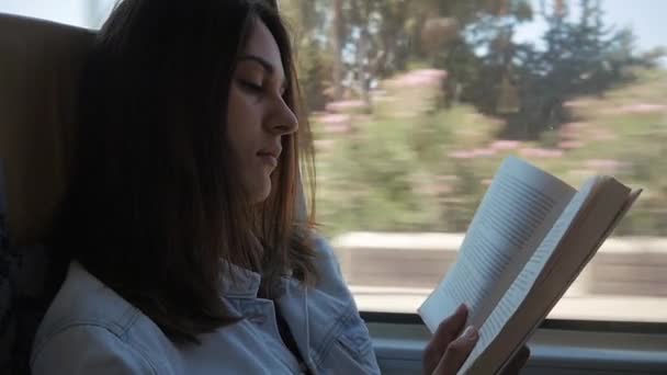 Молода жінка подорожує автобусом і читає книгу. Дівчина подорожує в машині перед вікном — стокове відео