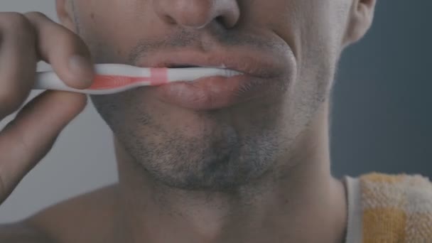 Close up man brushes his teeth. — Stock Video