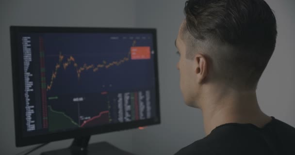 Vista posterior de Stockbroker está trabajando con el mercado financiero — Vídeos de Stock