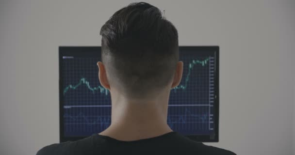 Tampilan belakang pengusaha pemodal bekerja di pasar keuangan pada komputer — Stok Video