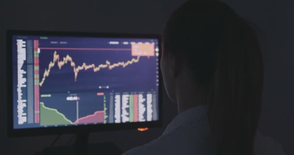 Rückseite der Finanzier Geschäftsfrau arbeitet auf dem Finanzmarkt am Computer — Stockvideo