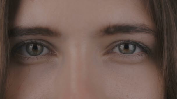 Closeup of Young Womans Eyes, She Stares Into Camera. Fechar-se de olhos de mulheres jovens — Vídeo de Stock
