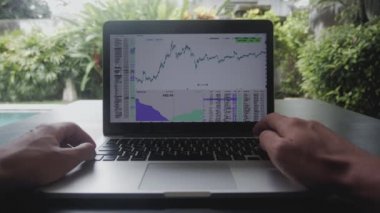 Yatırımcı işadamı portresi birinci şahıs bilgisayara finansal piyasada çalışır. POV