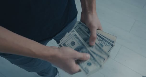 Close-up Man telt geld. Dollar in de hand, geld in de hand, telt het geld — Stockvideo