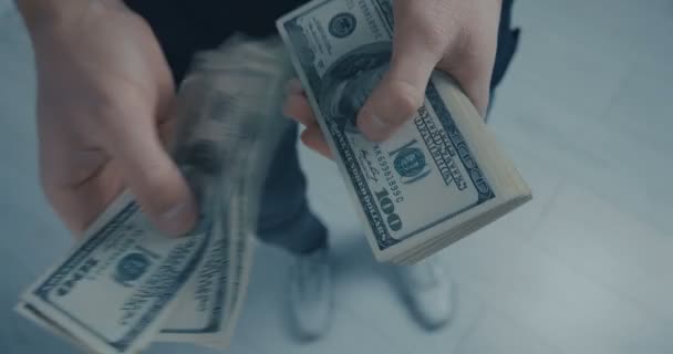 Primer plano El hombre cuenta el dinero. Dólares en la mano, dinero en la mano, cuenta el dinero — Vídeos de Stock