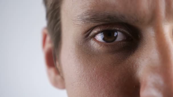 Nahaufnahme des braunen Auges eines jungen kaukasischen Mannes, der vor weißem Hintergrund in die Kameralinse schaut. — Stockvideo