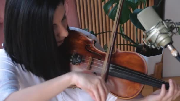 Kvinna musiker i vit skjorta spelar fiol — Stockvideo