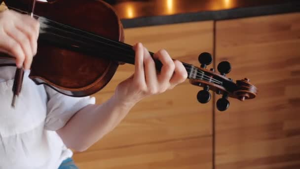 Close-up van musicus vrouw die viool in restaurant speelt. — Stockvideo