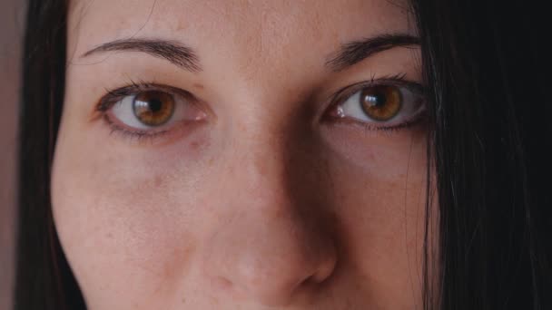 Портрет крупным планом женщины с карими глазами — стоковое видео