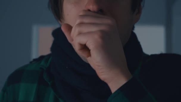 Man has a cold he coughs and has a runny nose. Concept of illness — Stock Video