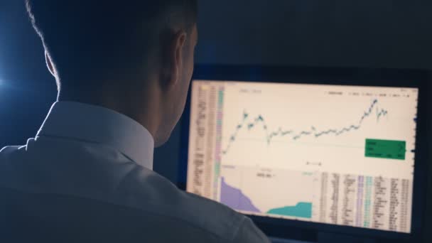Business Man анализирует статистику и графики продаж, показанные на мониторе — стоковое видео